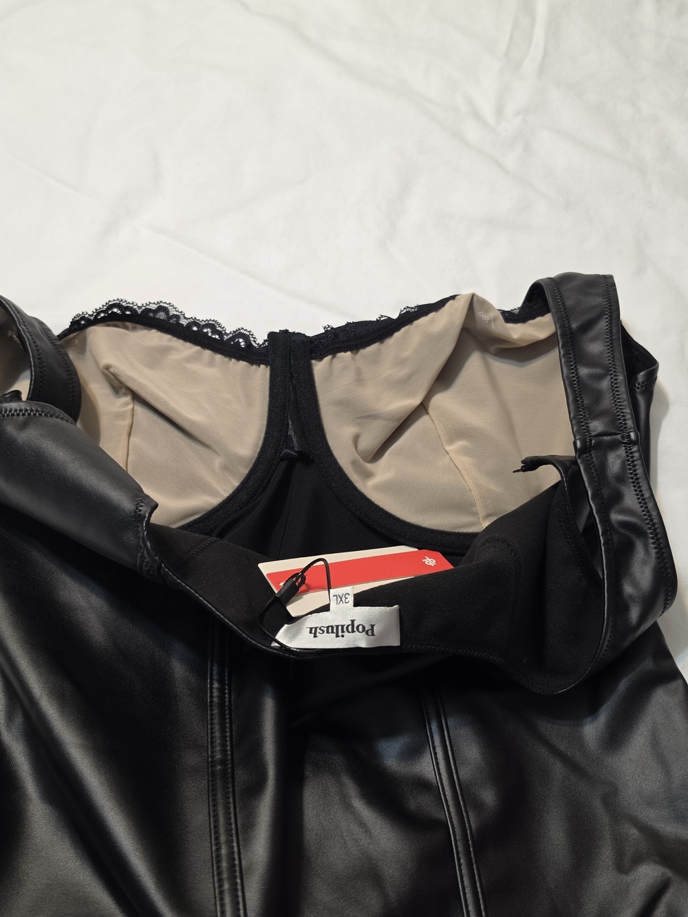 Popilush Shapewear Faux Leather Lace Balconette Sculpting Bodysuit - Picture 5 of 8